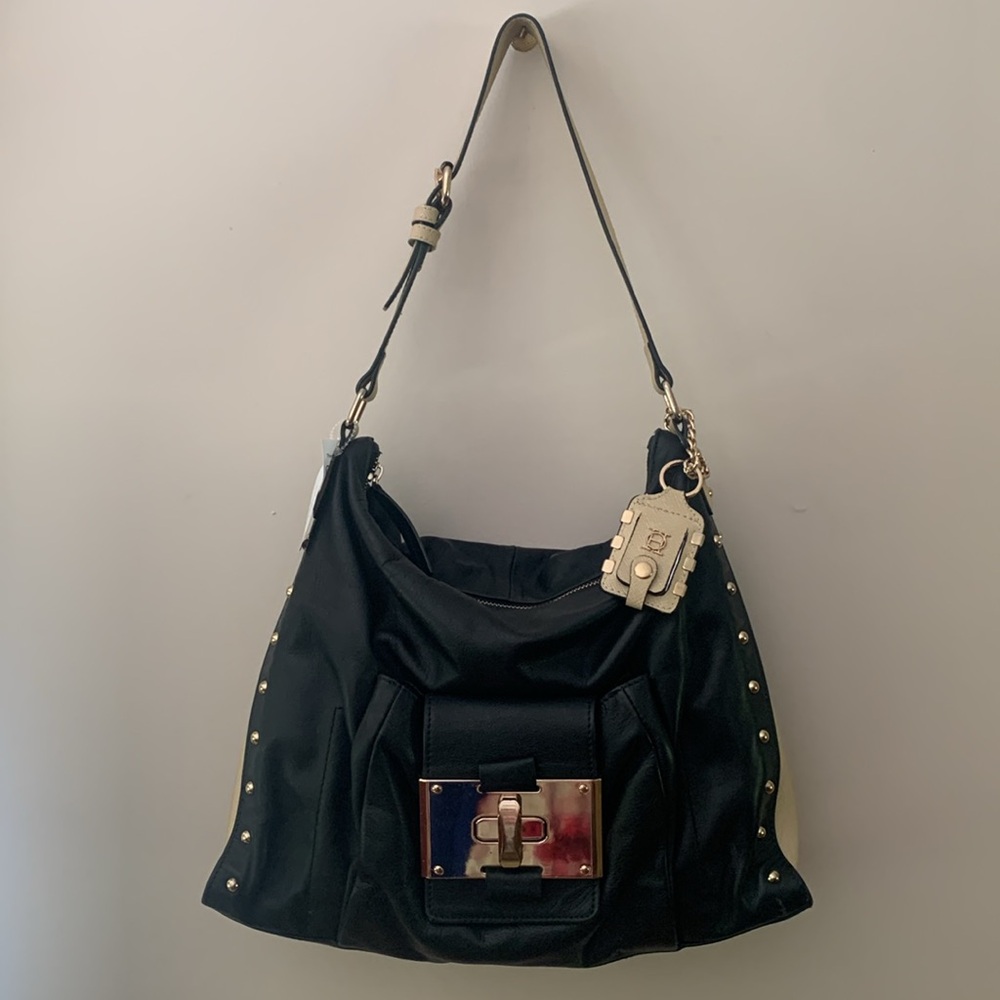 Joy Gryson black/cream trim genuine leather shoulder slouch bag
